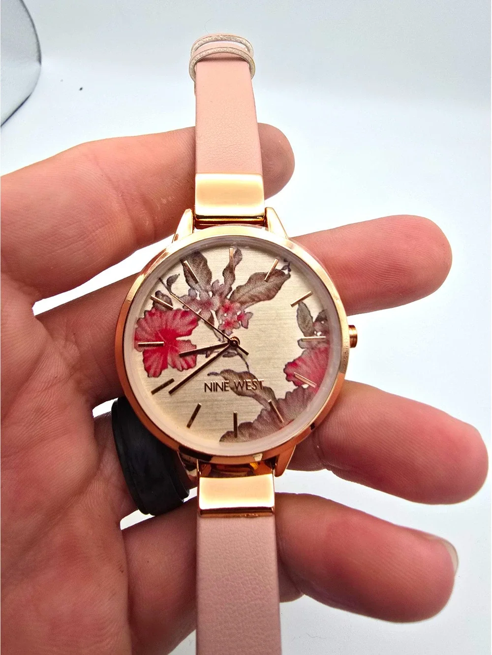 Nine West Women’s Quartz Analog Watch Rose Gold Case Floral Dial Pink Strap